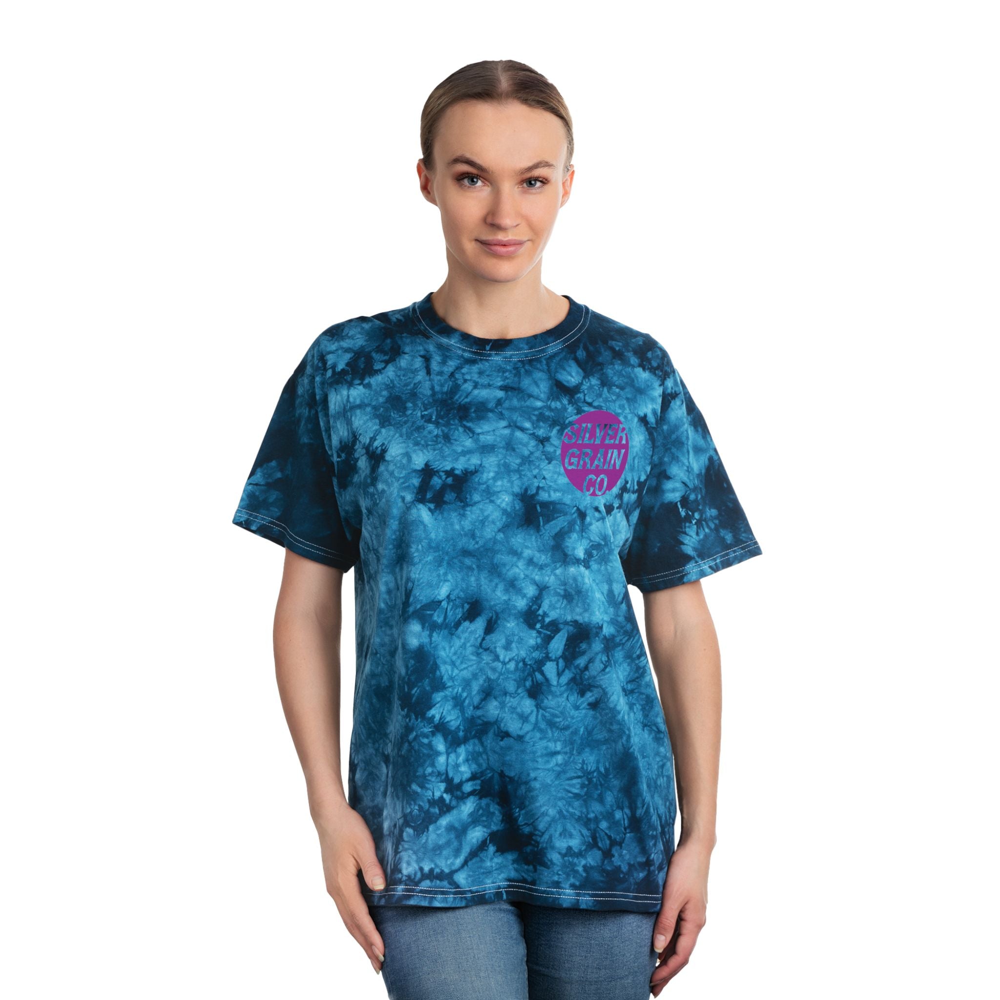 Tie-Dye T-Shirt — Blue Crystal Dye with 'Silver Grain Co. Film Is Magic' Logo