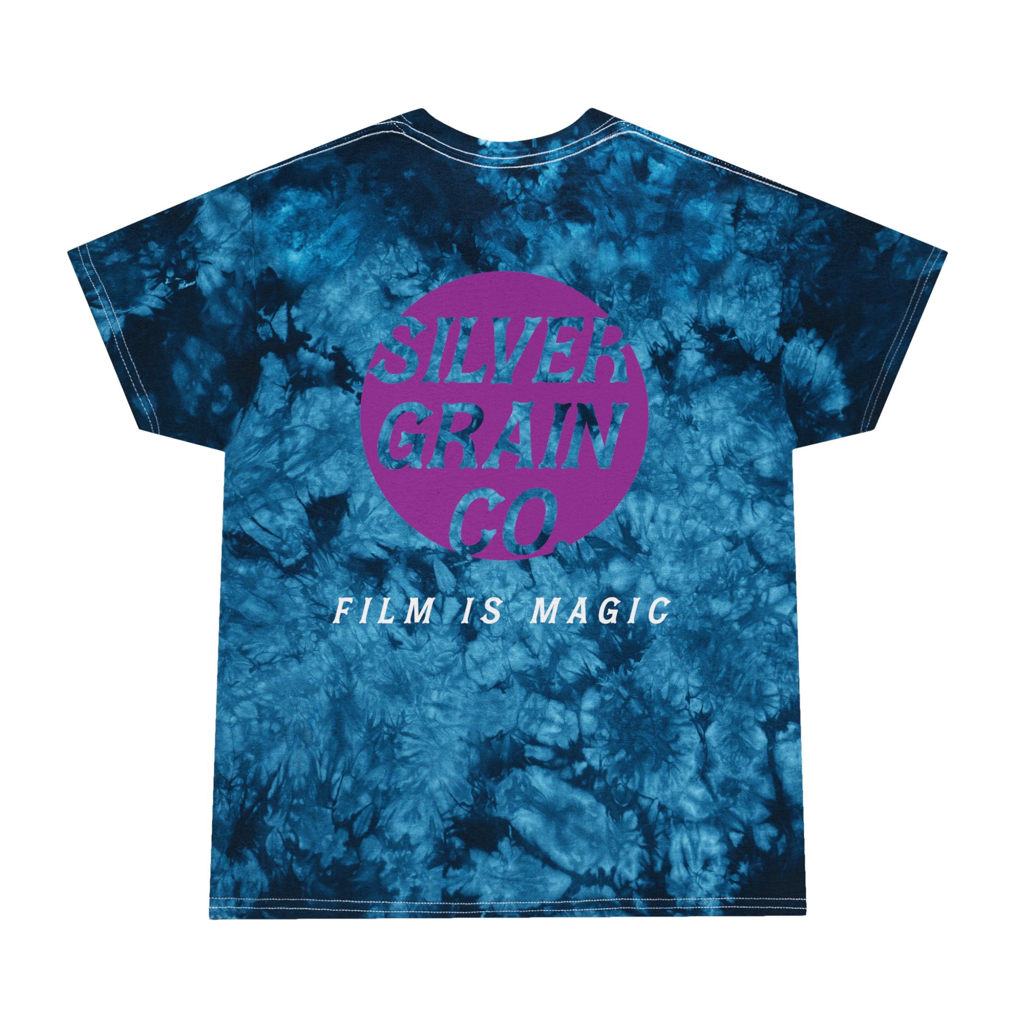 Tie-Dye T-Shirt — Blue Crystal Dye with 'Silver Grain Co. Film Is Magic' Logo